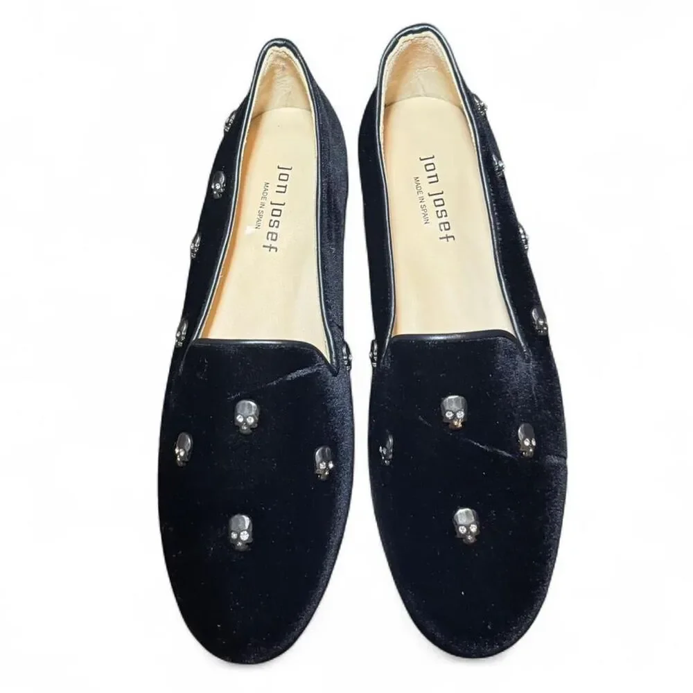 Jon Josef Velvet Smoking Slippers Womens 8.5 Black Skull Stud Loafers Made Spain